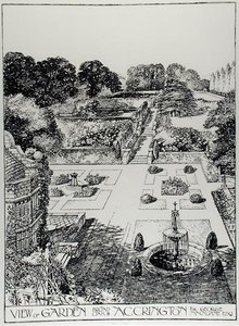 A Broad Oak, Accrington kertjének látképe, Thomas Mawson "The Art and Craft of Garden Making" című művéből, 1900-ban megjelent (metszet) (fekete-fehér fotó).