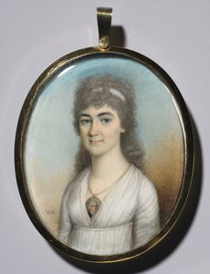 Miniatűrt viselő nő portréja, c. 1780. alkotó: Thomas Hazlehurst