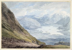 Kilátás Skiddaw-ból Derwentwater fölé (wc ceruza fölött papíron)