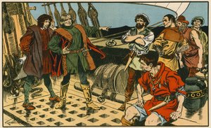 Kolumbusz Kristóf az amerikai útja során (színes litográfia) alkotó: Thomas Heath Robinson