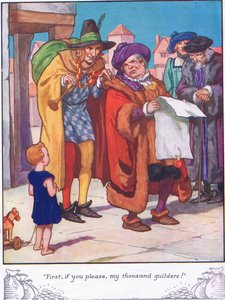 "Először, ha kérhetem, az ezer guldenemet" (színes litográfia) alkotó: Thomas Heath Robinson