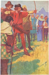 Rövid pillanatra megpendítette íját, majd meglazította a húrját (színes litho). alkotó: Thomas Heath Robinson