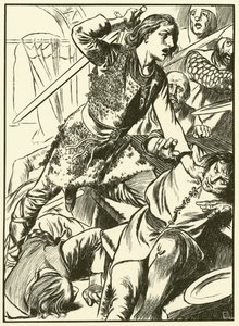 Hereward és emberei megtámadják a normannokat (metszet) alkotó: Thomas Heath Robinson