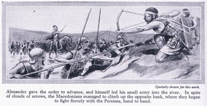 Hogyan nyerte el Alexandrosz a birodalmát: Dareiosz perzsa király hatalmas hadsereget gyűjtött össze, amelyet a makedónok i.e. 334-ben legyőztek, 1950 körül (litográfia). alkotó: Thomas Heath Robinson