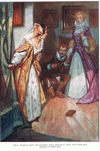 Mária félredobta a faliszőnyeget, és olyan szemekkel nézett rájuk, amelyekben mintha tűz villogott volna (színes litográfia).