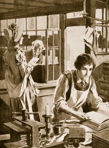 Michael Faraday egy könyvkereskedő tanoncaként enciklopédiát olvas (litográfia) alkotó: Thomas Heath Robinson