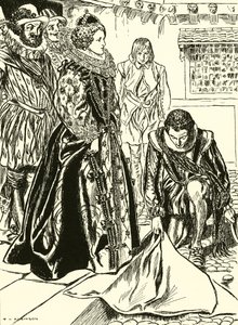 Raleigh kiteríti köpenyét Erzsébet előtt (metszet) alkotó: Thomas Heath Robinson