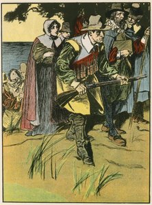 A zarándok atyák bevonulnak az Újvilágba (színes lithó) alkotó: Thomas Heath Robinson