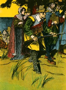 A zarándok atyák bevonulnak az Újvilágba (színes lithó) alkotó: Thomas Heath Robinson