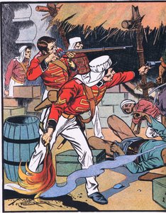 A magazin megsemmisítése Delhiben (színes lithó) alkotó: Thomas Heath Robinson