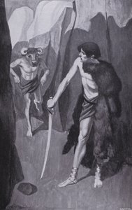 Theseus találkozott a Minotaurusszal egy szűk szakadékban (litográfia) alkotó: Thomas Heath Robinson