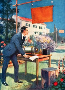 Vezeték nélküli távírás, Marconi egyik legkorábbi kísérlete (színes lithó) alkotó: Thomas Heath Robinson