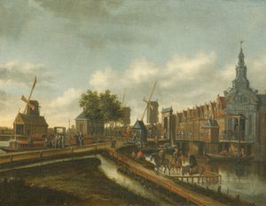 A „Haarlemmer Poort” Amszterdamban alakokkal az úton és csónakokban (olaj, vászon)