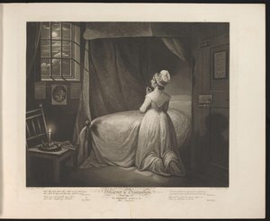Bescheiden dienstmeid biddend in haar slaapkamer Plate 4. The Modest Girl in the Bed Chamber (title on object) Deugdzaamheid en losbandigheid (series title) Diligence & Dissipation (series title on object)   1340797   hu       hungarian Successfully Transl