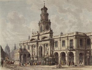 A kilátás a királyi tőzsdére, Cornhill, vésette Daniel Havell (1785-1826), pub. 1816, Ackermann „Művészetek Tára” (akvatinta)
