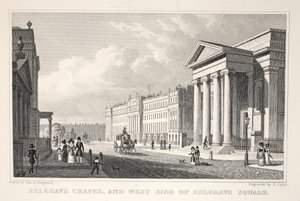 A Belgrave-kápolna és a Belgrave Square nyugati oldala, a „London és környéke a tizenkilencedik században” pubból. Jones und Co., 1827-1829 alkotó: Thomas Hosmer Shepherd