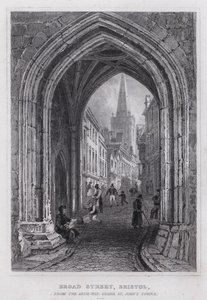 Broad Street, Bristol, az Arch-Way felől, a Szent János-torony alatt (metszet) alkotó: Thomas Hosmer Shepherd