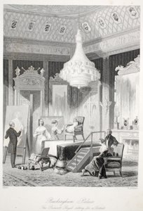 Buckingham-palota - A királyi hercegnő ül egy portréhoz, a London Interiors-tól, a Costumes and Ceremonies pub-tól. Joseph Mead, London, 1843 körüli acélmetszet. alkotó: Thomas Hosmer Shepherd
