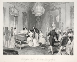 Buckingham-palota, The Yellow Drawing Room, a „Londoni belső terek jelmezeikkel és szertartásaikkal” kocsmából. Joseph Mead, London, 1843 körül (acélmetszet) alkotó: Thomas Hosmer Shepherd