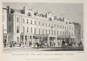 Épületek a Regent Street keleti oldalán, a „London és környéke a tizenkilencedik században” kocsmából. Jones und Co., 1827-1829