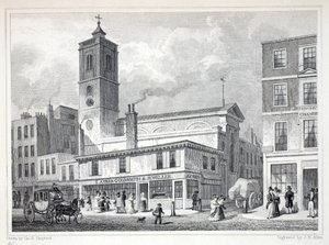 Szent Dionis templom, Backchurch, a "London és környéke a tizenkilencedik században" című kiadványból. Jones und Co., 1827-1829 alkotó: Thomas Hosmer Shepherd