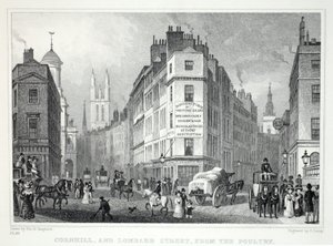 Cornall és Lombard Street, a Poultryből, a „London és környéke a tizenkilencedik században” kocsmából. Jones und Co., 1827-1829 alkotó: Thomas Hosmer Shepherd