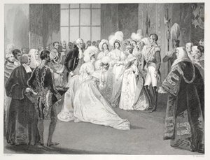 Viktória királynő Drawing Roomja, a „London Interiors a jelmezeikkel és szertartásaikkal” kocsmából. Joseph Mead, London, 1843 körül (acélmetszet) alkotó: Thomas Hosmer Shepherd