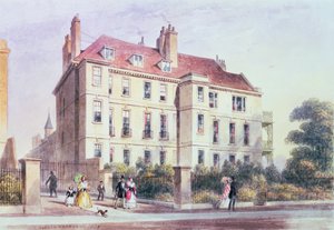 A Queen Square bejárata a Park felől, kilátással Jeremy Bentham házára alkotó: Thomas Hosmer Shepherd