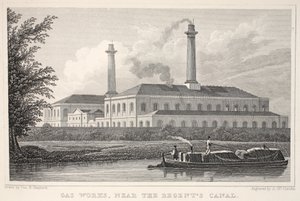 Gas Works, a Regents-csatorna közelében, a „London és környéke a tizenkilencedik században” kocsmából. Jones und Co., 1827-1829 alkotó: Thomas Hosmer Shepherd