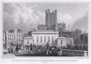 Irodalmi intézmény és katedrális, North Parade, Bath (metszet) alkotó: Thomas Hosmer Shepherd