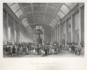 Long Room a Custom-House-ban, a „London Interiors a jelmezeikkel és szertartásaikkal” kocsmából. Joseph Mead, London, 1843 körül (acélmetszet) alkotó: Thomas Hosmer Shepherd