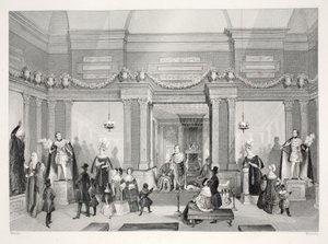 Madame Tussaud viaszmunkák kiállítása, a „Londoni belső terek jelmezeikkel és szertartásaikkal” kocsmából. Joseph Mead, London, 1843 körül (acélmetszet) alkotó: Thomas Hosmer Shepherd