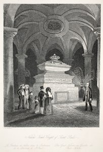 Nelson sírja a Szent Pál kriptában, a „London Interiors a jelmezeikkel és szertartásaikkal” kocsmából. Joseph Mead, London, 1843 körül (acélmetszet) alkotó: Thomas Hosmer Shepherd