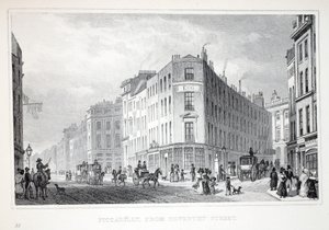 Piccadilly, a Coventry Streetről, a „London és környéke a tizenkilencedik században” kocsmából. Jones und Co., 1827-1829 alkotó: Thomas Hosmer Shepherd