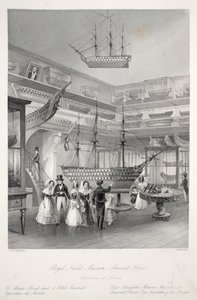 Royal Naval Museum, Somerset House, a „London Interiors with their Costumes and Ceremonies” kocsmából. Joseph Mead, London, 1843 körül (acélmetszet) alkotó: Thomas Hosmer Shepherd