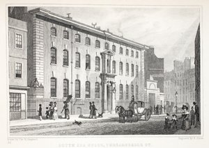 South Sea House, Threadneedle Street, a "London és környéke a tizenkilencedik században" című pubból. Jones und Co., 1827-1829 alkotó: Thomas Hosmer Shepherd