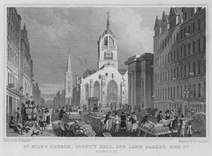 St Giles templom, County Hall és Lawn Market, High Street, Edinburgh (metszet) alkotó: Thomas Hosmer Shepherd