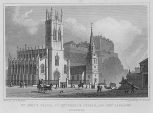 Szent János-kápolna, Szent Cuthbert-templom és New Barracks, Edinburgh (metszet) alkotó: Thomas Hosmer Shepherd