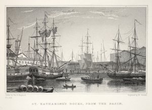 St Katherine Docks, a Basin, a Tower, London és környéke a tizenkilencedik századi kocsmában. Jones und Co., 1827-1829 alkotó: Thomas Hosmer Shepherd