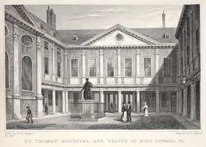 Szent Tamás Kórház és VI. Edward király szobra, a „London és környéke a tizenkilencedik században” kocsmából. Jones und Co., 1827-1829 alkotó: Thomas Hosmer Shepherd