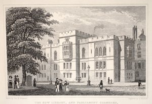 Az Új Könyvtár és a Parlament Háza a „London és környéke a tizenkilencedik században” kocsmából. Jones und Co., 1827-1829 alkotó: Thomas Hosmer Shepherd