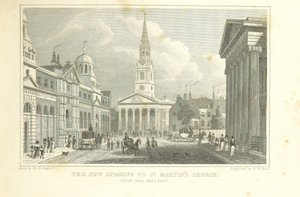 A Szent Márton-templom új nyílása a Pall Mall East felől, a „Metropolitan Improvements” kínálatából alkotó: Thomas Hosmer Shepherd