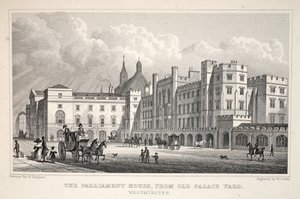 A Parlament épülete az Old Palace Yardból, Westminsterből, a „London és környéke a tizenkilencedik században” kocsmából. Jones und Co., 1827-1829 alkotó: Thomas Hosmer Shepherd