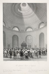 A Rotunda a Bank of England-ben, a „London Interiors with their Costumes and Ceremonies” kocsmából. Joseph Mead, London, 1843 körül (acélmetszet) alkotó: Thomas Hosmer Shepherd