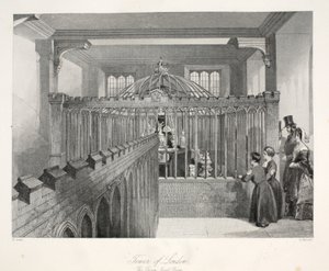 A londoni Tower, a The Crown Jewel Room, a „London Interiors with their Costumes and Ceremonies” kocsmából. Joseph Mead, London, 1843 körül (acélmetszet) alkotó: Thomas Hosmer Shepherd