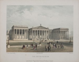 Kilátás a British Museumra, kint sétáló látogatókkal, 1854 alkotó: Thomas Hosmer Shepherd