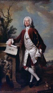 Theodore Jacobsen, a Foundling Kórház építésze portréja látható, kezében egy rajzzal a nyugati frontról, 1742 körül