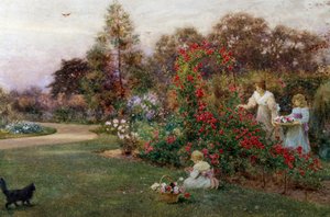 A művész kertjében, Yapton, Sussex. Egy anya és két gyermeke rózsát szed a kertben. Thomas James Lloyd (1849-1910 brit) festménye Magántulajdon.