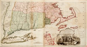 Új-Anglia leglakottabb részének térképe, amely Massachusetts Bay és New Hampshire tartományokat, valamint Connecticut és Rhode Island gyarmatokat tartalmazza.