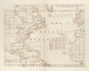Az Atlanti-óceán térképe az észak-amerikai és nyugat-indiai brit, francia és spanyol településekkel.